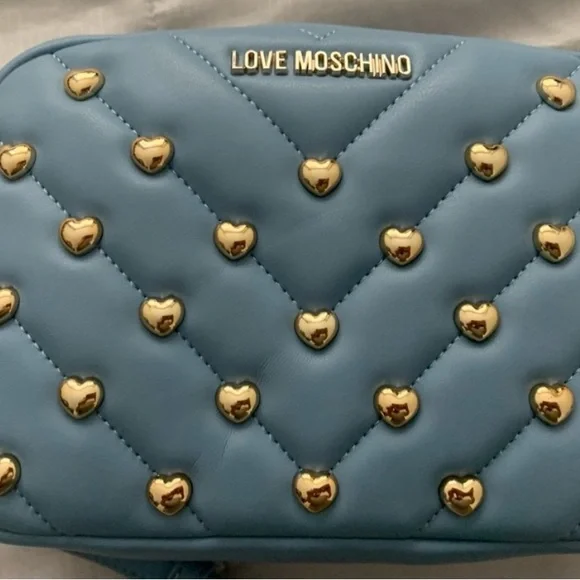 Love Moschino baby blue Gold Hearts Studded Crossbody Handbag. - Picture 1 of 6